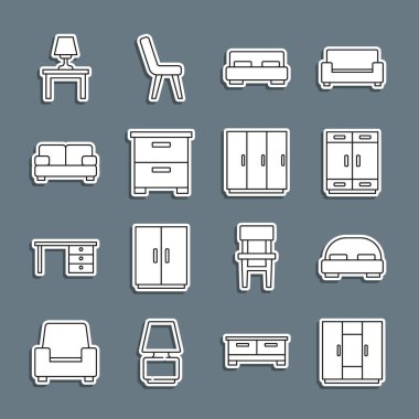 Gardırop, büyük yatak, mobilya sehpası, kanepe, masa lambası ve ikon. Vektör