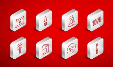 Hat, şok emici, araba bujisi, koltuk, radyatör soğutma sistemi, dişli, pil, motor yağı ve motor pistonu simgesi için teneke kutu. Vektör