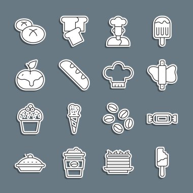 Dondurma, şekerleme, hamura iğne, aşçı, Fransız baget ekmeği, Apple karamel, ekmek ve şef şapkası ikonu. Vektör