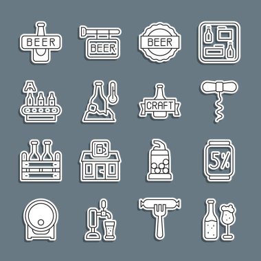 Bira şişesi ve cam, şişe açacağı, şişe kapağı, bira, soğuk konveyör bant ve ikon. Vektör