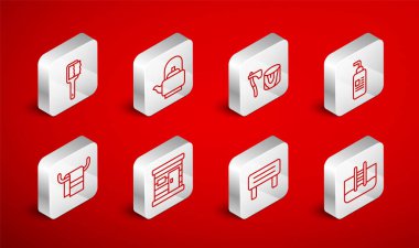 Yüzme havuzunu merdiven, su ısıtıcısı, tahta balta sapı, krem veya losyon kozmetik tüp, sauna ahşap bank, ahşap hamam ve havlu askı ikonu ile ayarla. Vektör