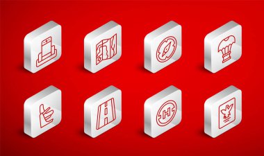 Pasaport, Dünya seyahati haritası, pusula, paraşütle uçan kutu, helikopter iniş pisti, metal dedektör havaalanı, havaalanı pisti ve uçak koltuğu ikonu. Vektör