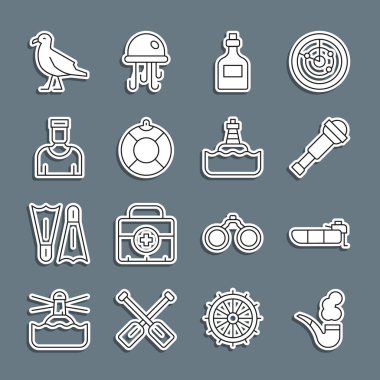 Hat, sigara içme borusu, motorlu şişme bot, Spyglass teleskop lensi, rom şişesi, Lifebuoy, denizci kaptanı, kuş martı ve yüzen ikon. Vektör