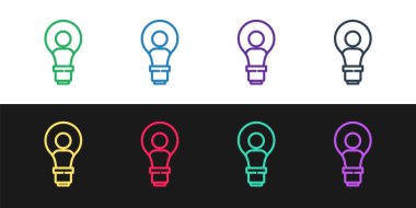 Siyah ve beyaz arkaplanda izole edilmiş ampul ikonu olan çizgi insan kafası. Vektör.