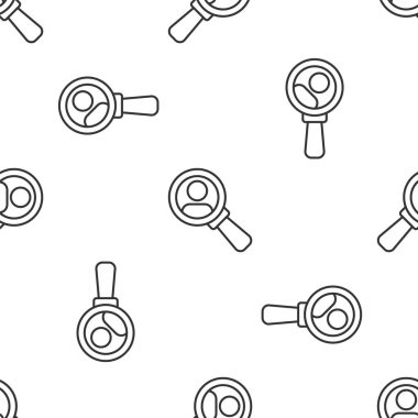 Gri çizgi büyüteç beyaz arka planda izole edilmiş bir insan simgesi. İşe alım ya da seçim konsepti. Çalışanları ve işi ara. Vektör