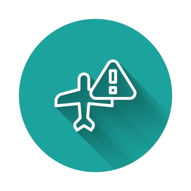 Beyaz çizgi uyarı hava aracı ikonu uzun gölge arkaplanı ile izole edildi. Bozuk uçak. Yasak bölgede uçmak. Uçak taşımak ve seyahat etmek yasaktır. Yeşil daire düğmesi. Vektör