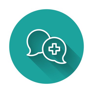Doktor simgesi ile beyaz çizgi diyaloğu uzun gölge arkaplanı ile izole edildi. Doktor ve hasta diyaloğu. Sağlık hizmetleri hakkında danışmanlık. Yeşil daire düğmesi. Vektör