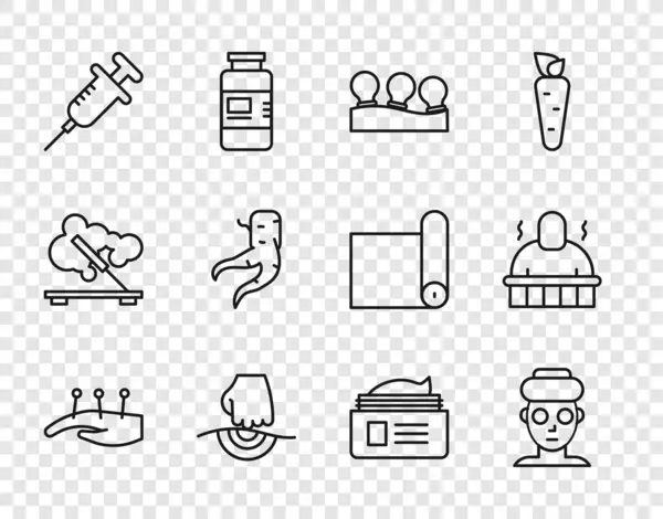 Set line Acupuncture therapy, Facial cosmetic mask, Vacuum cans, Massage, Syringe, Ginger root, Ointment cream tube and Sauna and spa procedures icon. Vector