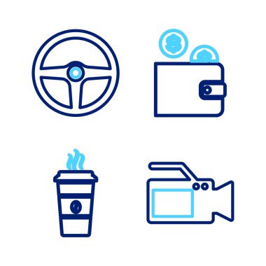 Sinema kamerası, kahve fincanı, bozuk paralı cüzdan ve direksiyon ikonu. Vektör