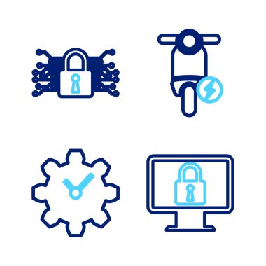 Hat kilidini monitöre ayarla, Zaman Yönetimi, elektrikli scooter ve siber güvenlik simgesi. Vektör