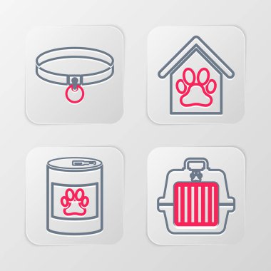 Pet taşıma çantası, konserve yiyecekler, köpek evi ve pençe baskılı hayvan ve tasma ikonu. Vektör