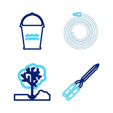 Hat, el yapımı makas, testere, hortum, yangın hortumu ve kova ikonu. Vektör