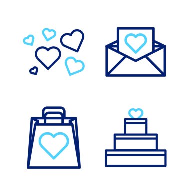 Sabit çizgili düğün pastası, alışveriş çantası, Zarf Sevgililer Günü ve Kalp ikonu. Vektör