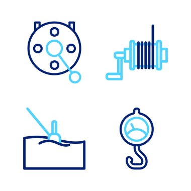 Bahar ölçeğini ayarla, balıkçı yüzen suyu, balık tutmak ve ikon oluşturmak için makarayı çevir. Vektör