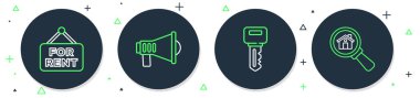 Megafon hattı, ev anahtarı, kiralık ev simgesiyle asılma tabelası. Vektör