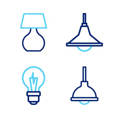 Lamba asma, ampul, avize ve masa lambası ikonu. Vektör