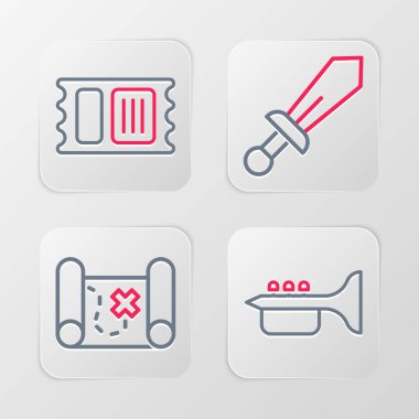 Trumpet hattı, Korsan hazine haritası, Kılıç oyuncağı ve Sirk bileti ikonu. Vektör