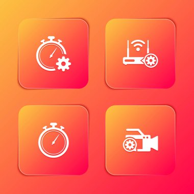 Zaman Yönetimi Ayarları, Router ve Wi-Fi, Stopwatch ve Video kamera simgesi. Vektör.