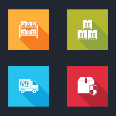 Depo, trafiği olan karton kutu, ücretsiz teslimat servisi ve teslimat kalkanı ikonu ayarla. Vektör.