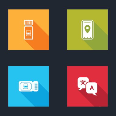 Tren biletini, şehir haritasının bilgilerini ve çevirmen simgesini ayarla. Vektör.