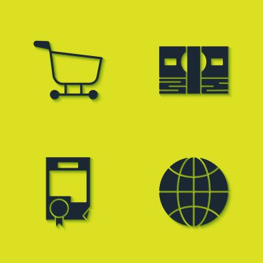 Alışveriş arabasını ayarlayın, dünya çapında, sertifika şablonu ve kağıt para ikonu. Vektör.