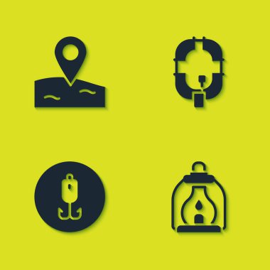 Konum balıkçılığını, kamp fenerini, oltayı ve şişme bot ikonunu ayarlayın. Vektör.