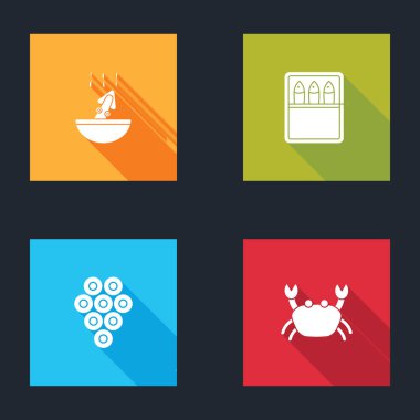 Ahtapot, balık konservesi, havyar ve yengeç ikonuyla çorba hazırla. Vektör.