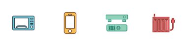 Mikrodalga fırını, Smartphone, Multimedia ve TV kutusunu ve ısıtma radyatörü simgesini ayarla. Vektör.
