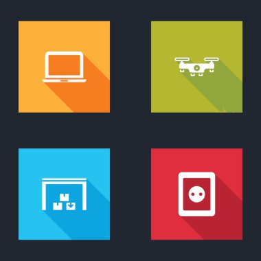 Dizüstü bilgisayarı, İHA 'yı, Depo' yu ve elektrik çıkış simgesini ayarla. Vektör.