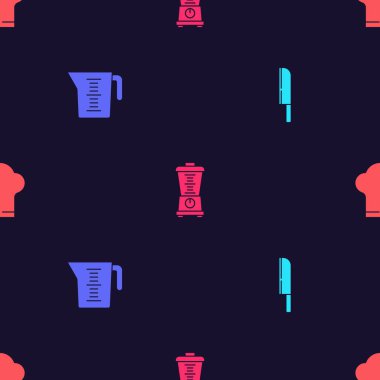 Bıçak, ölçü kabı, blender ve şef şapkasını kusursuz şekilde ayarla. Vektör.