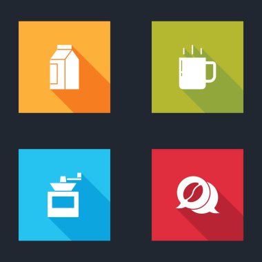 Kahve çekirdekleri, kahve fincanı, öğütücü ve konuşma ikonu. Vektör.