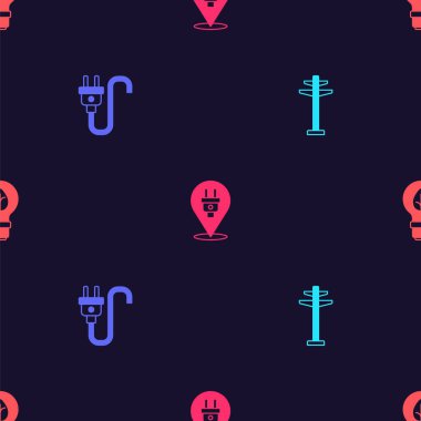 Elektrik kulesini, fişi ve ampulü dikişsiz desenli olarak ayarlayın. Vektör