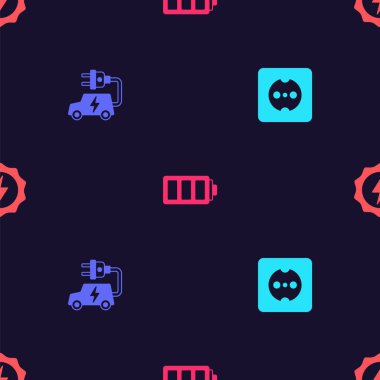 Elektrik prizi, araba, pil ve şimşek cıvatalarını kusursuz desene ayarlayın. Vektör