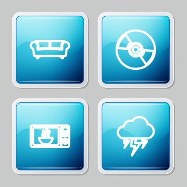 Satır Sofa, CD veya DVD diski, Mikrodalga fırın ve Storm simgesini ayarla. Vektör.