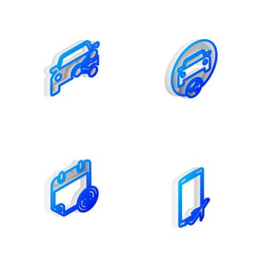 Isometric line Car paylaşımını, Finansal takvimi ve Uçuş kipini mobil simge olarak ayarla. Vektör.