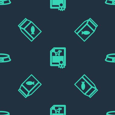 Köpek ya da kedi sertifikası, bir torba yiyecek ve evcil hayvan kasesi, kusursuz desenli. Vektör.