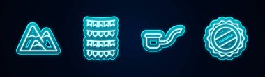 Hat dağları, bayraklı karnaval çelengi, tüttürme piposu ve şişe kapağı. Parlayan neon ikonu. Vektör.