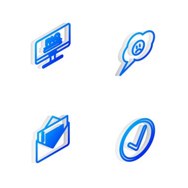 Isometric satır konuşma baloncuğunu üzgün bir gülümseme ile ayarla, SQ bilgisini görüntüle, Zarf ve İşaret Çemberi simgesini kontrol et. Vektör.