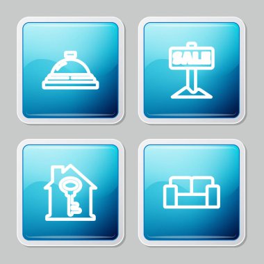 Hat otelin servis zilini, Sale 'le asılma tabelasını, evin anahtarını ve kanepe simgesini ayarla. Vektör