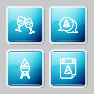 Bir bardak şampanya, dilimlenmiş pizza, ızgara ızgara ve takvim parti ikonu. Vektör