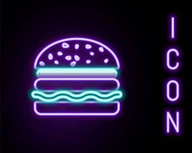 Parlayan neon hattı Burger simgesi siyah arkaplanda izole edildi. Hamburger ikonu. Çizburger sandviç tabelası. Renkli taslak konsepti. Vektör