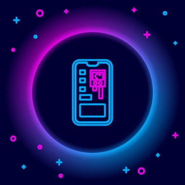 Parlayan neon hattı Akıllı kontrol tarım sistemi mobil uygulama simgesi siyah arkaplanda izole edildi. Renkli taslak konsepti. Vektör