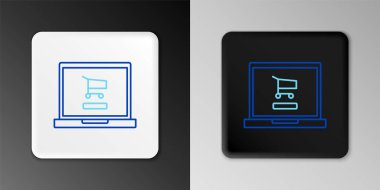 Ekran dizüstü bilgisayarındaki çizgi alışveriş arabası gri arkaplanda izole edilmiş. Konsept e-ticaret, e-ticaret, online iş pazarlama. Renkli taslak konsepti. Vektör