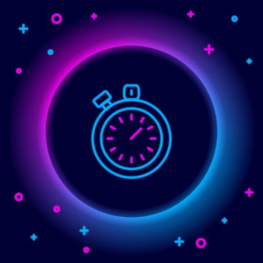 Parlayan neon hattı Stopwatch simgesi siyah arkaplanda izole edildi. Zaman göstergesi. Kronometre işareti. Renkli taslak konsepti. Vektör