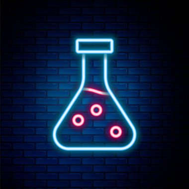 Parlayan neon hattı test tüpü ve kimyasal test ikonu tuğla duvar arka planında izole edilmiş. Laboratuvar cam levhası. Renkli taslak konsepti. Vektör