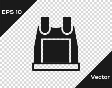 Siyah kurşun geçirmez yelek, şeffaf arka planda izole edilmiş kurşun ikonundan korunmak için. Vücut zırhı işareti. Askeri kıyafetler. Vektör.