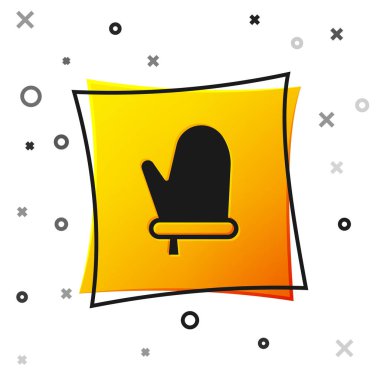 Siyah fırın eldiveni simgesi beyaz arkaplanda izole edilmiş. Mutfak tutacağı işareti. Yemek eldiveni. Sarı kare düğme. Vektör