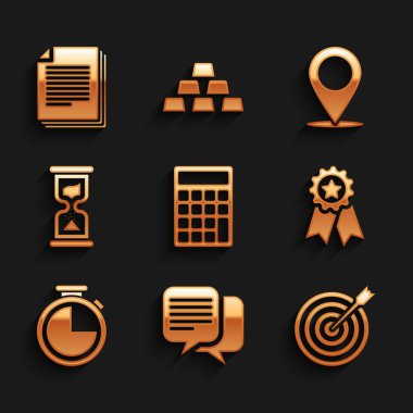 Hesap makinesini, sohbeti, oklu hedefi, madalya yıldızını, Kum Saati 'ni ve Eski Kum Saati simgesini ayarla. Vektör