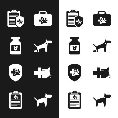 Köpek kakası, ilaç şişesi, klinik kayıt cihazı, evcil hayvan ilk yardım çantası, hayvan sağlığı sigortası ve veteriner kliniği ikonu. Vektör