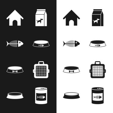 Evcil hayvan kasesi, balık iskeleti, köpek kulübesi, köpek çantası ve çanta ikonu. Vektör